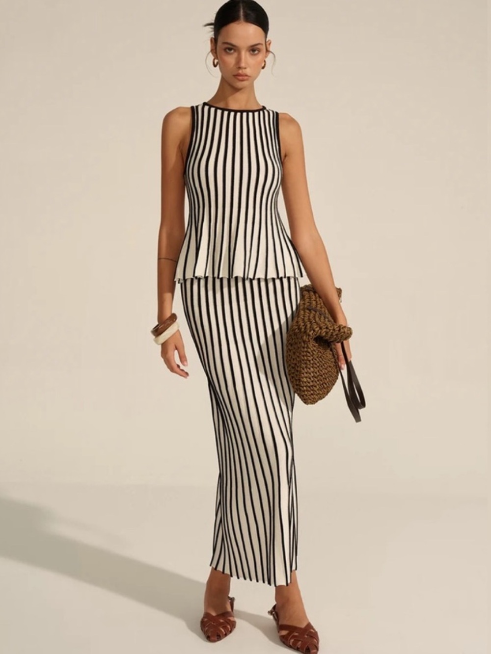 NWT Commense Brown & White Vertical Stripe Knit Skirt Set